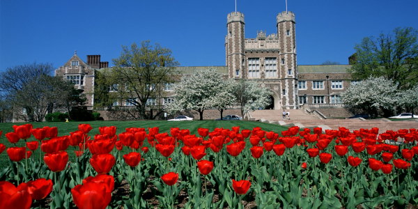 Brookings Hall w tulips
